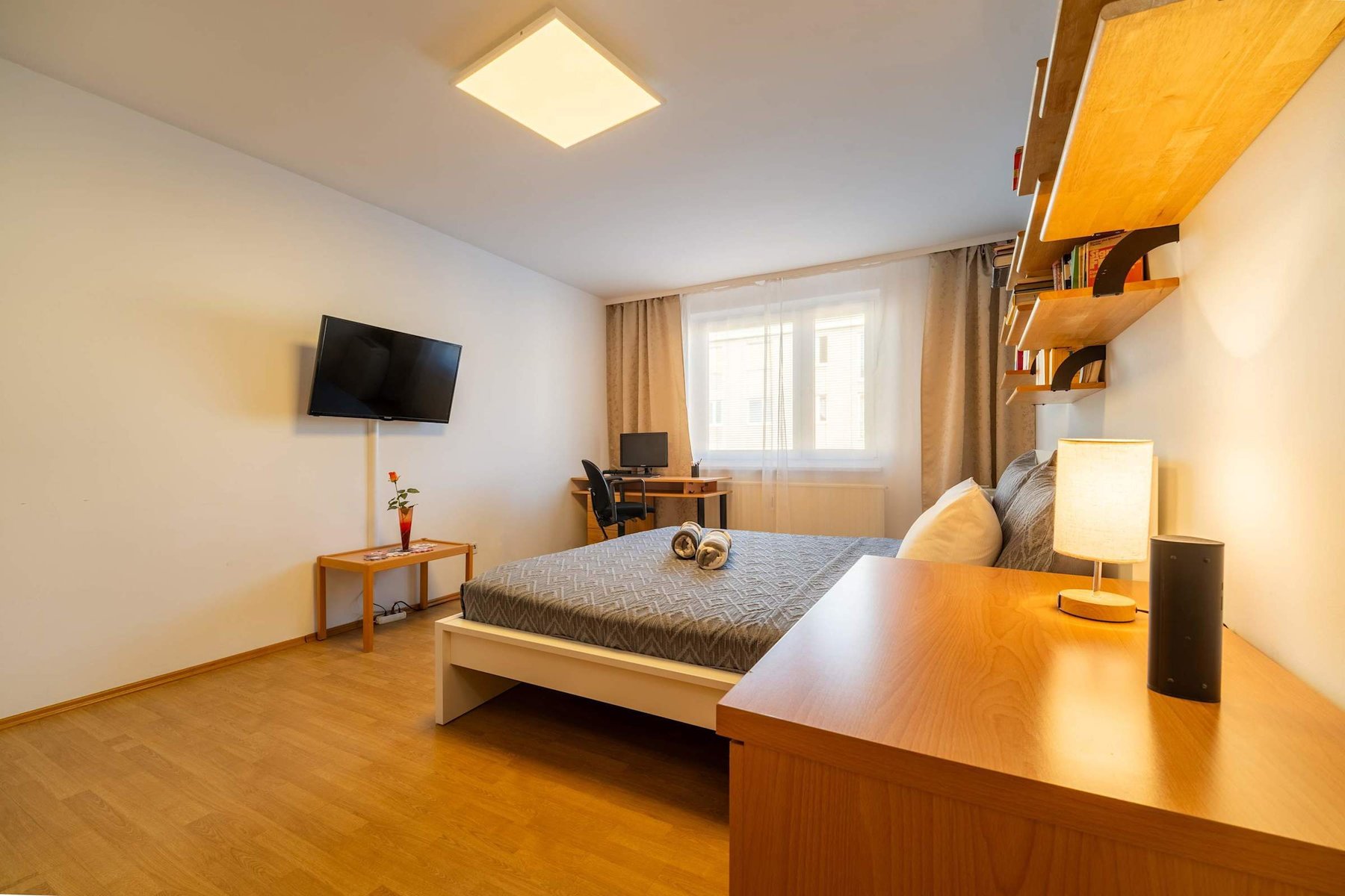 Master Bedroom with Home Office Desk - Stream, Work, or Rest in Vienna’s Bright & Book-Lined Retreat