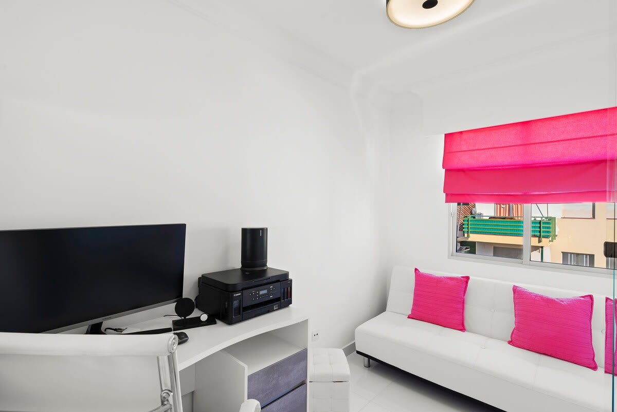 Lounge with Desk, Ergonomic Chair, HD Monitor, Printer, Scanner, Sonos Sound