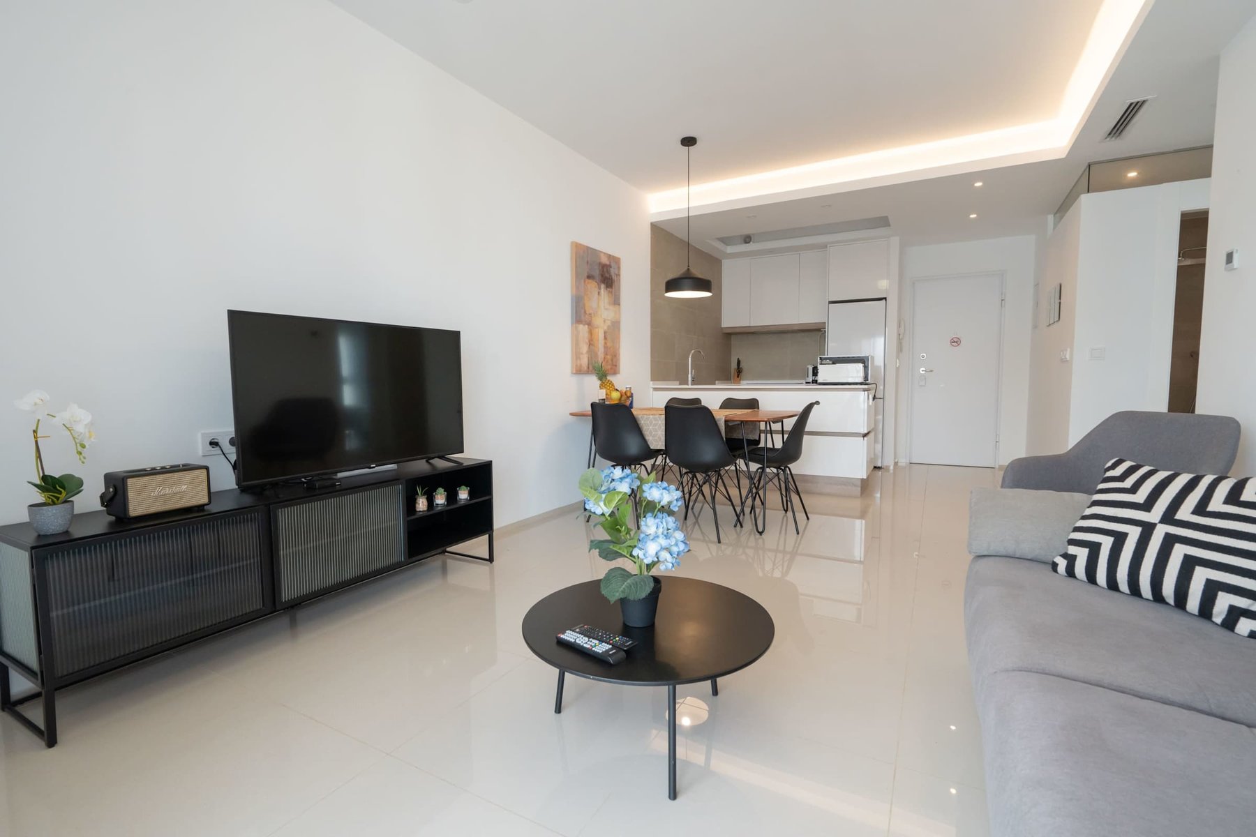 Living Room with Fully Equipped Kitchen, Dining Table, Sofa and TV
