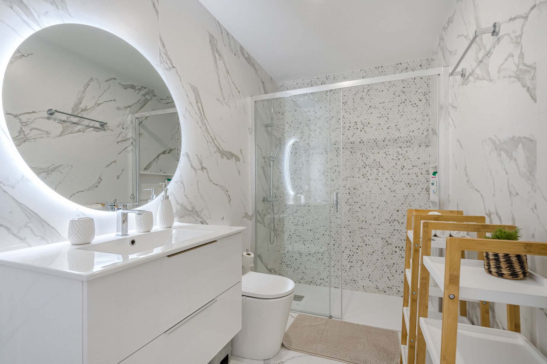 Bathroom with Sink, Toilet Mirror with Backlight and Walk-In Shower