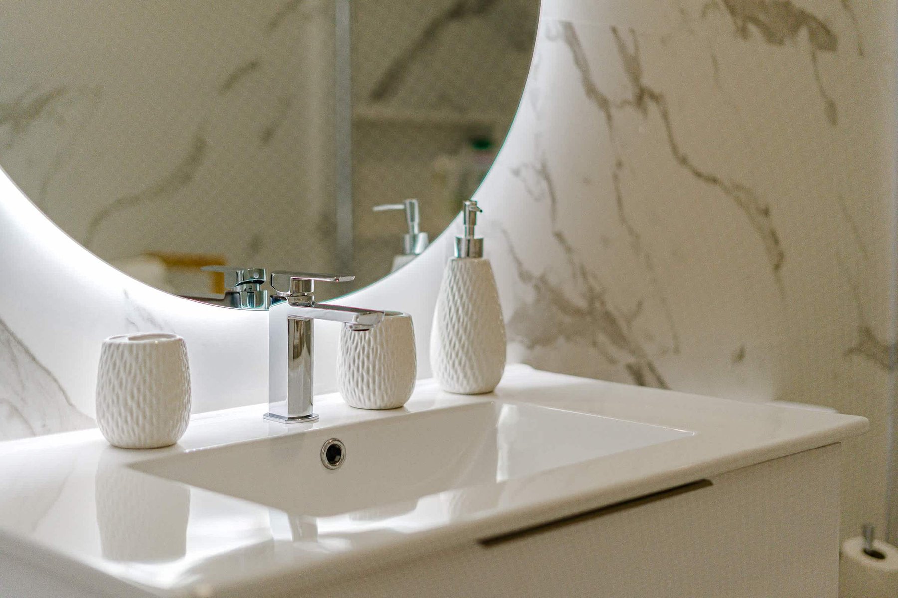 Bathroom with Sink, Toilet Mirror with Backlight and Walk-In Shower