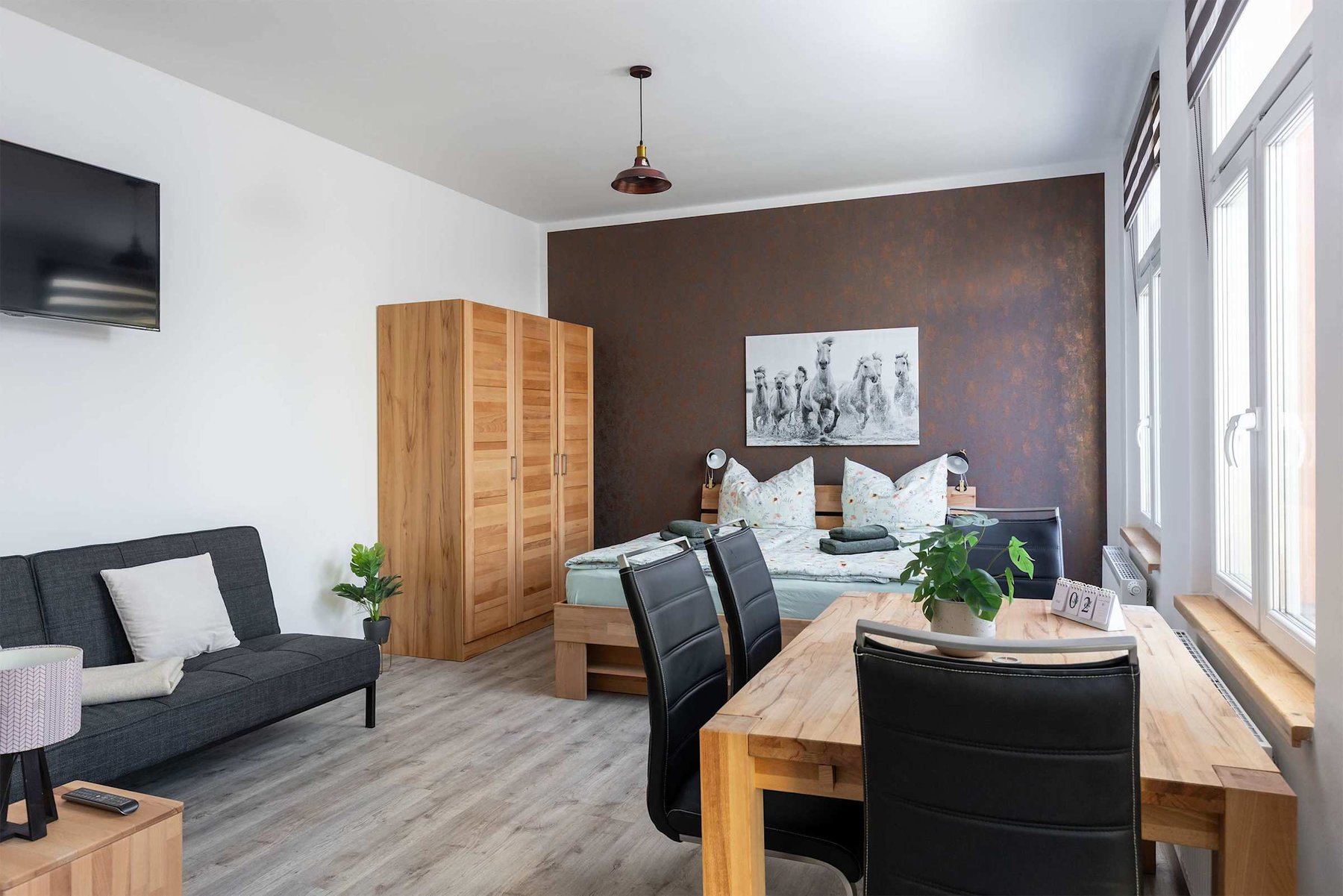 Living Area with a Double Bed, Closet, Dining Area & Sofa Bed