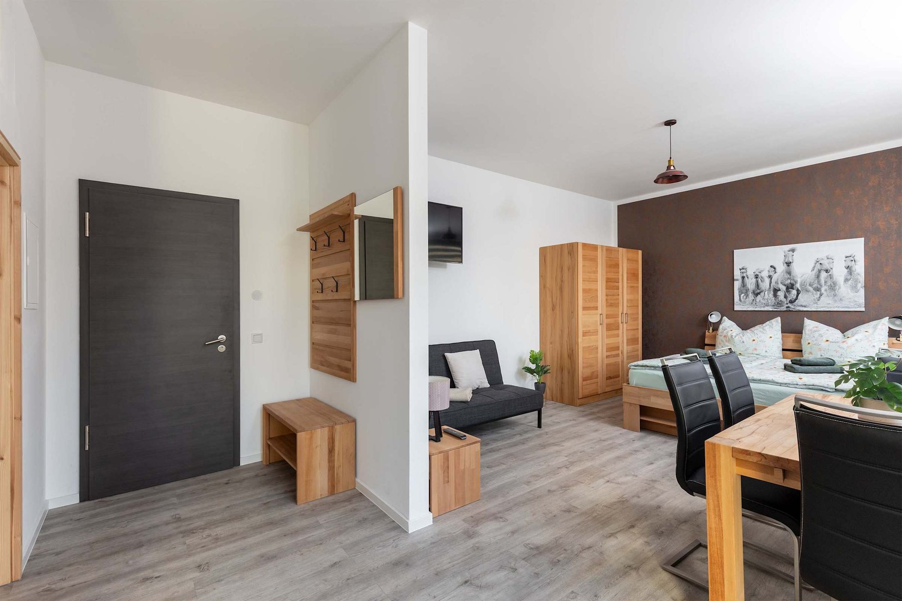Living Area with a Double Bed, Closet, Dining Area & Sofa Bed