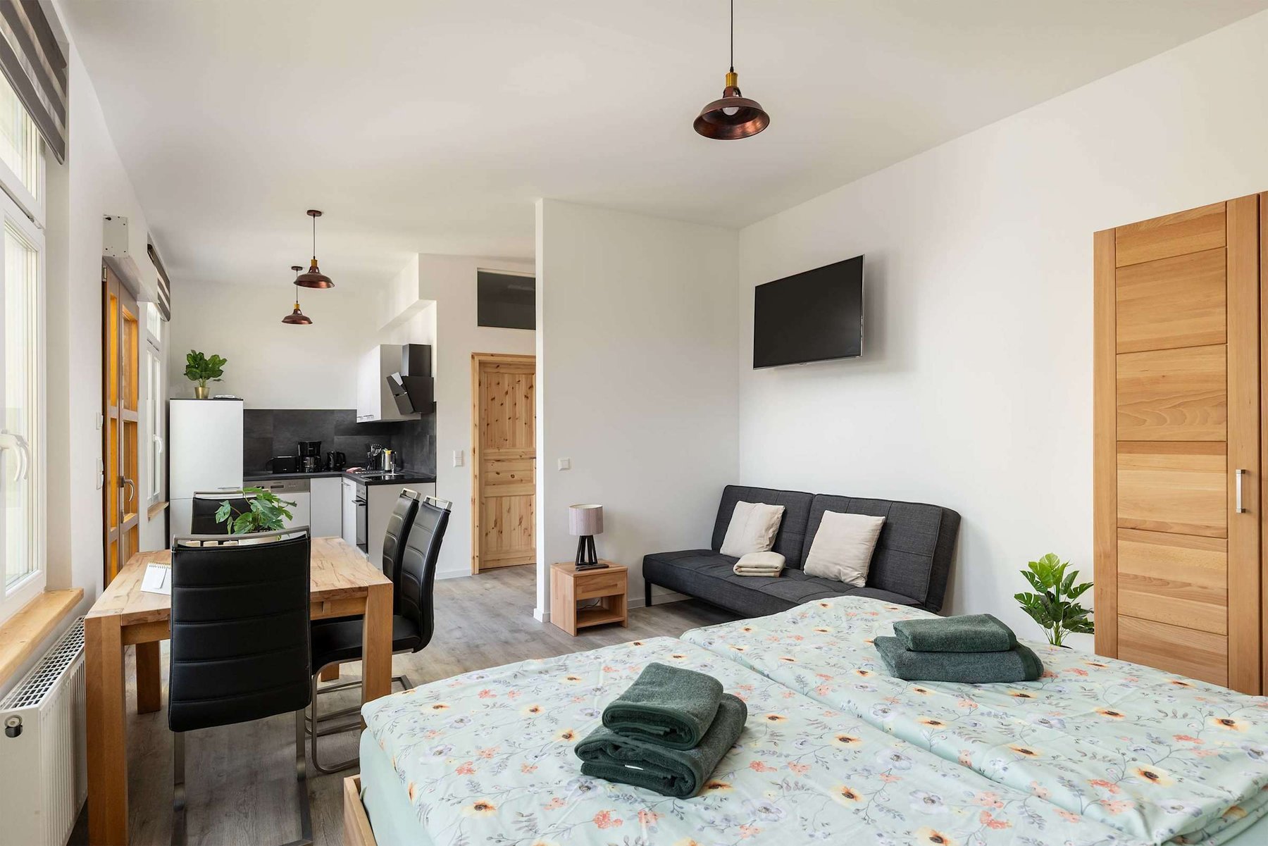 Living Area with a Double Bed, Closet, Dining Area & Sofa Bed