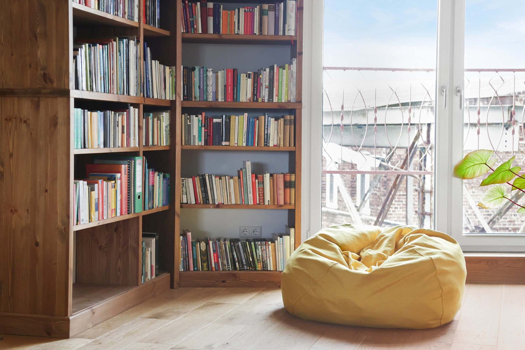 Tranquil Reading Nook | Floor-to-Ceiling Bookshelves & Sunny Beanbag Corner