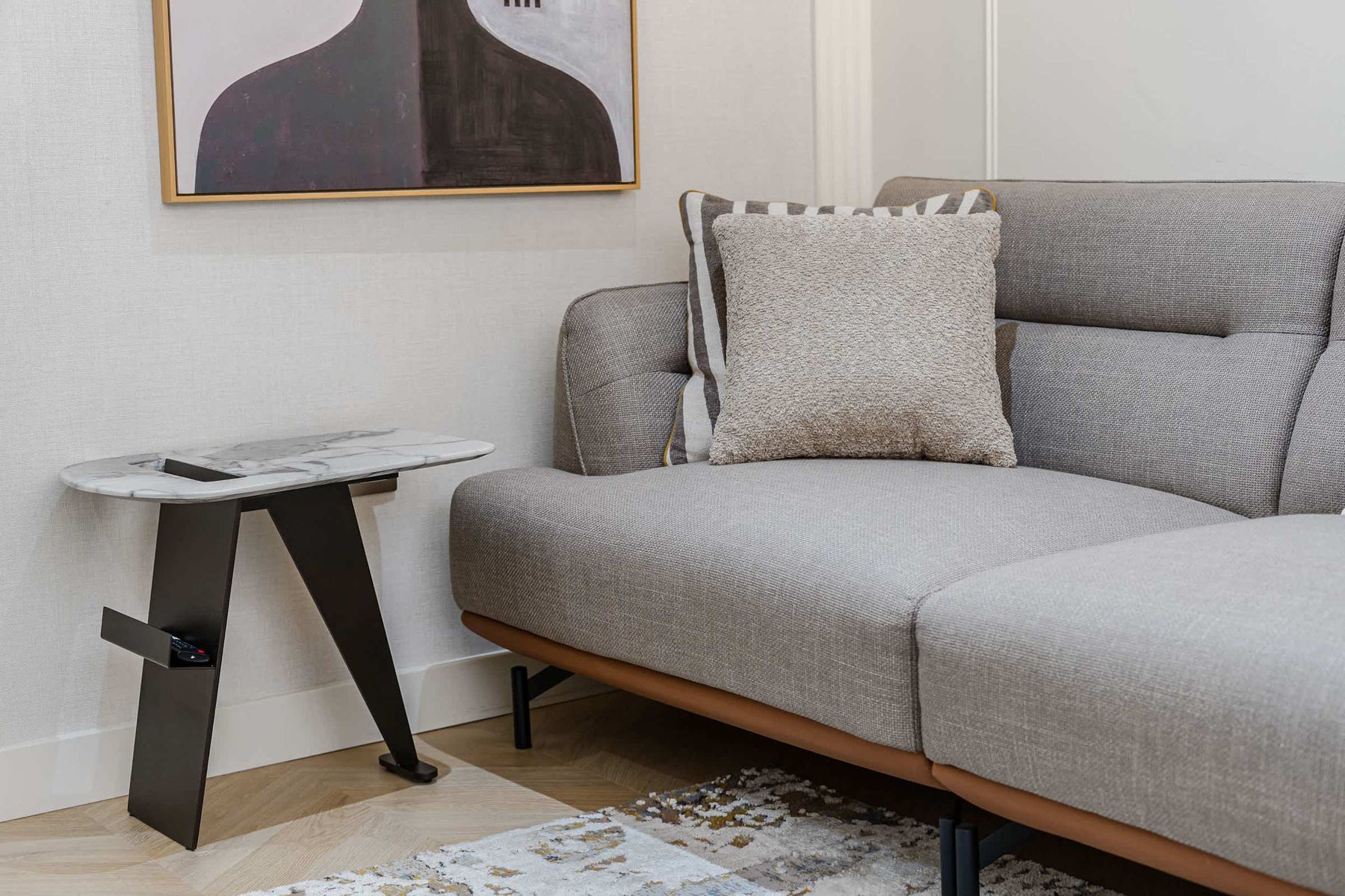 Elegant Open-Concept Living and Dining Area — Relax in Contemporary Comfort with a Designer Sofa, Smart TV and Ocean Breeze Ambience