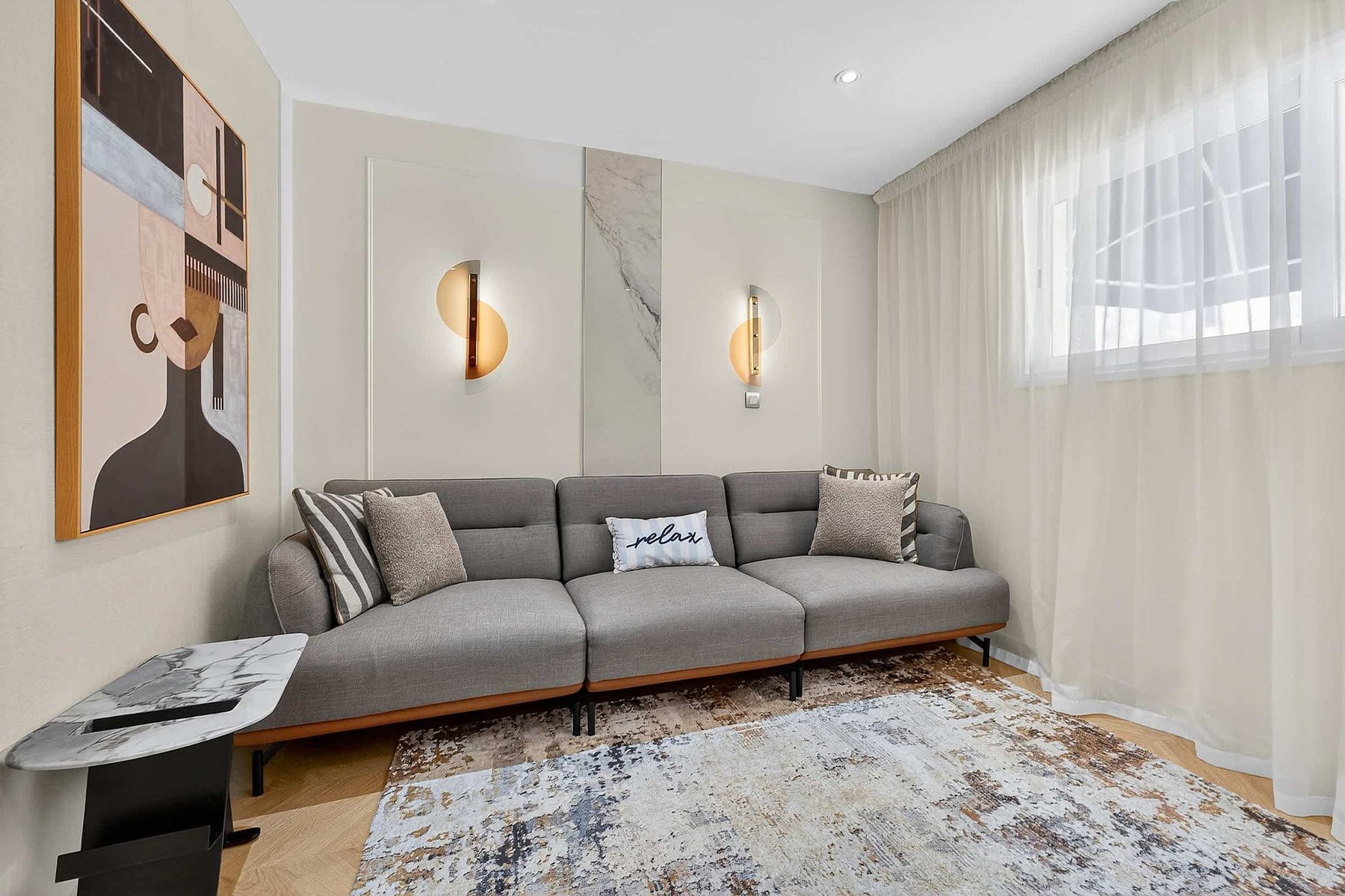 Elegant Open-Concept Living and Dining Area — Relax in Contemporary Comfort with a Designer Sofa, Smart TV and Ocean Breeze Ambience