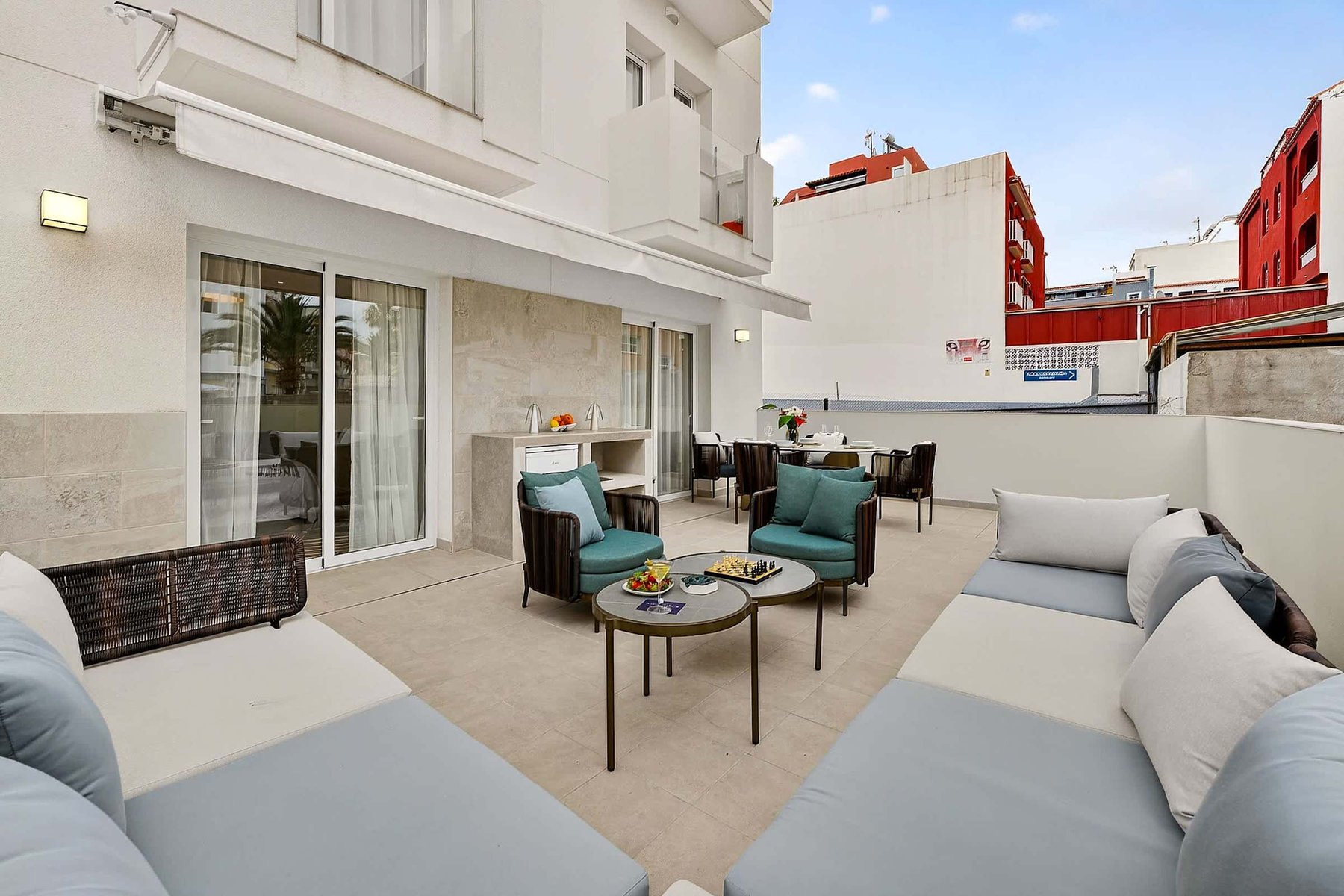 Designer Outdoor Lounge with Dining & Daybeds — Entertain in Style on Your Private Sun-Drenched Terrace in Playa San Juan