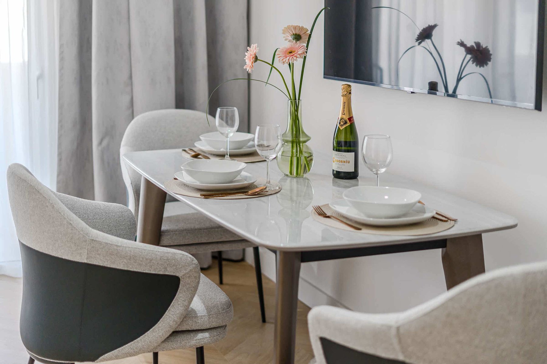 Sophisticated Dining Table Set with Designer Tableware & Welcome Bottle of Cava