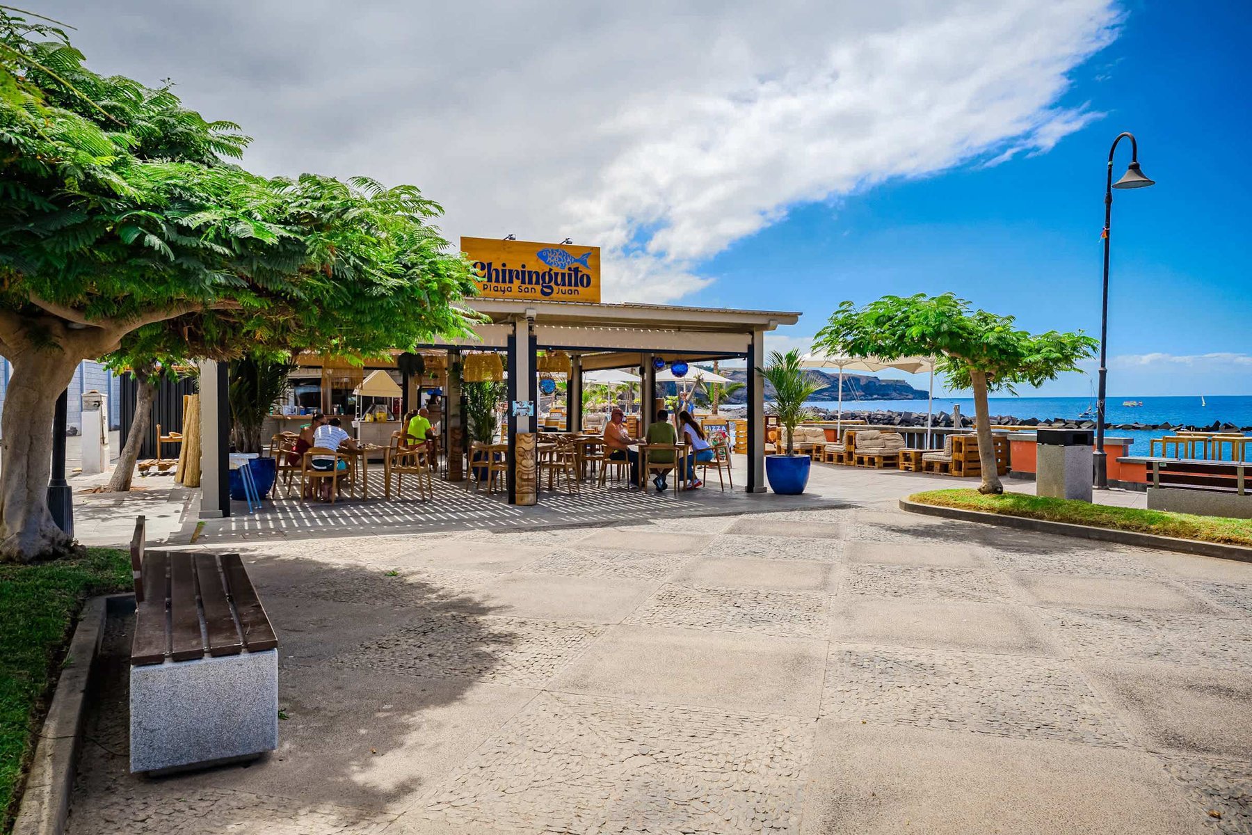 Elegant Beachfront Café – Shaded Lounge with Oceanfront Ambiance