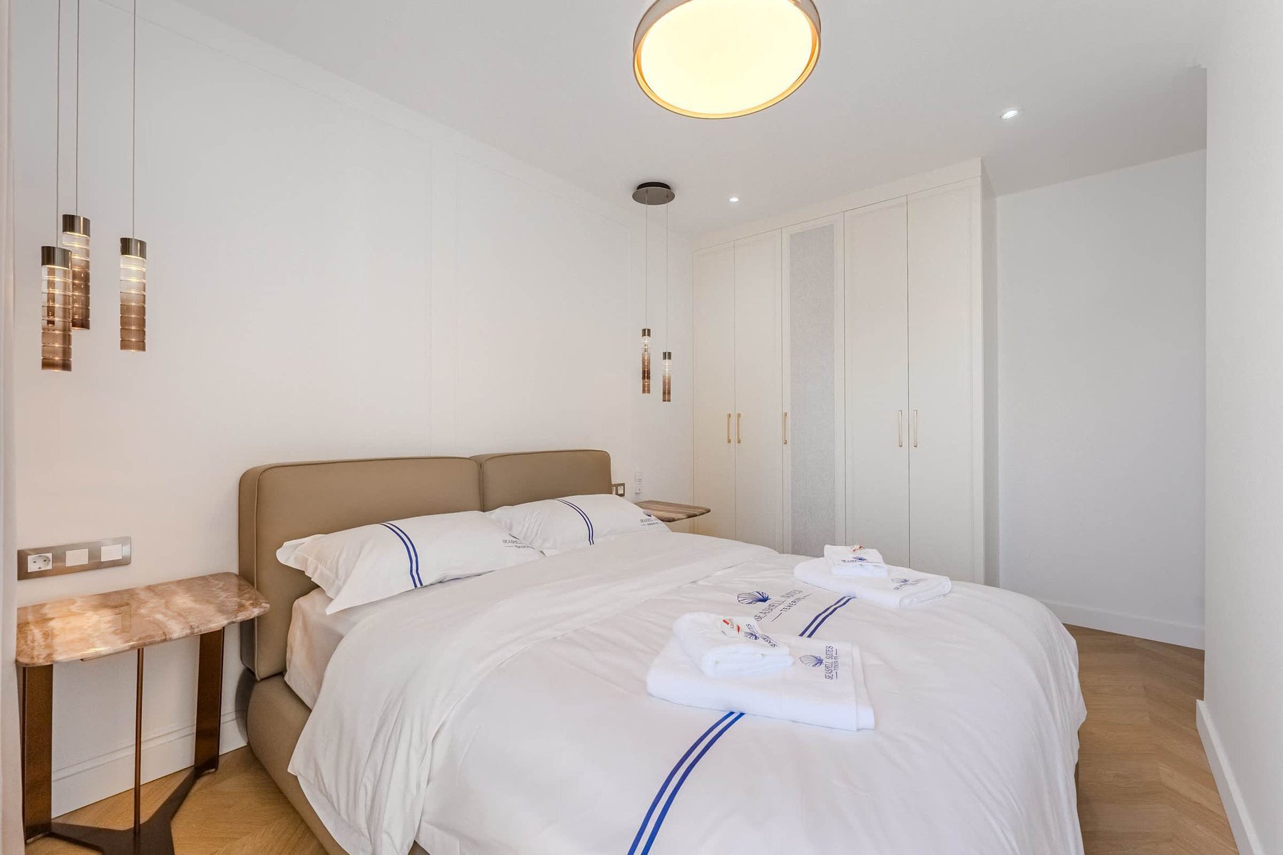 Master Bedroom Retreat with Full-Height Wardrobes, Designer Pendant Lights & Soft Drapes
