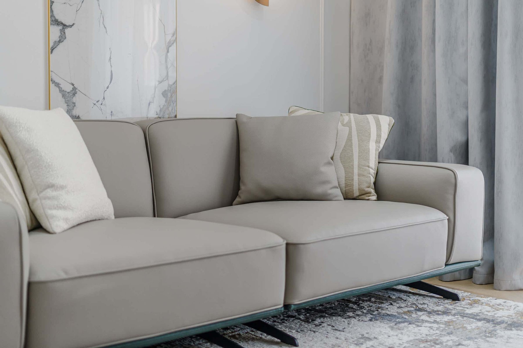 Contemporary Beige Sofa with Textured Throw Pillows – Relaxed Comfort Meets Minimalist Style