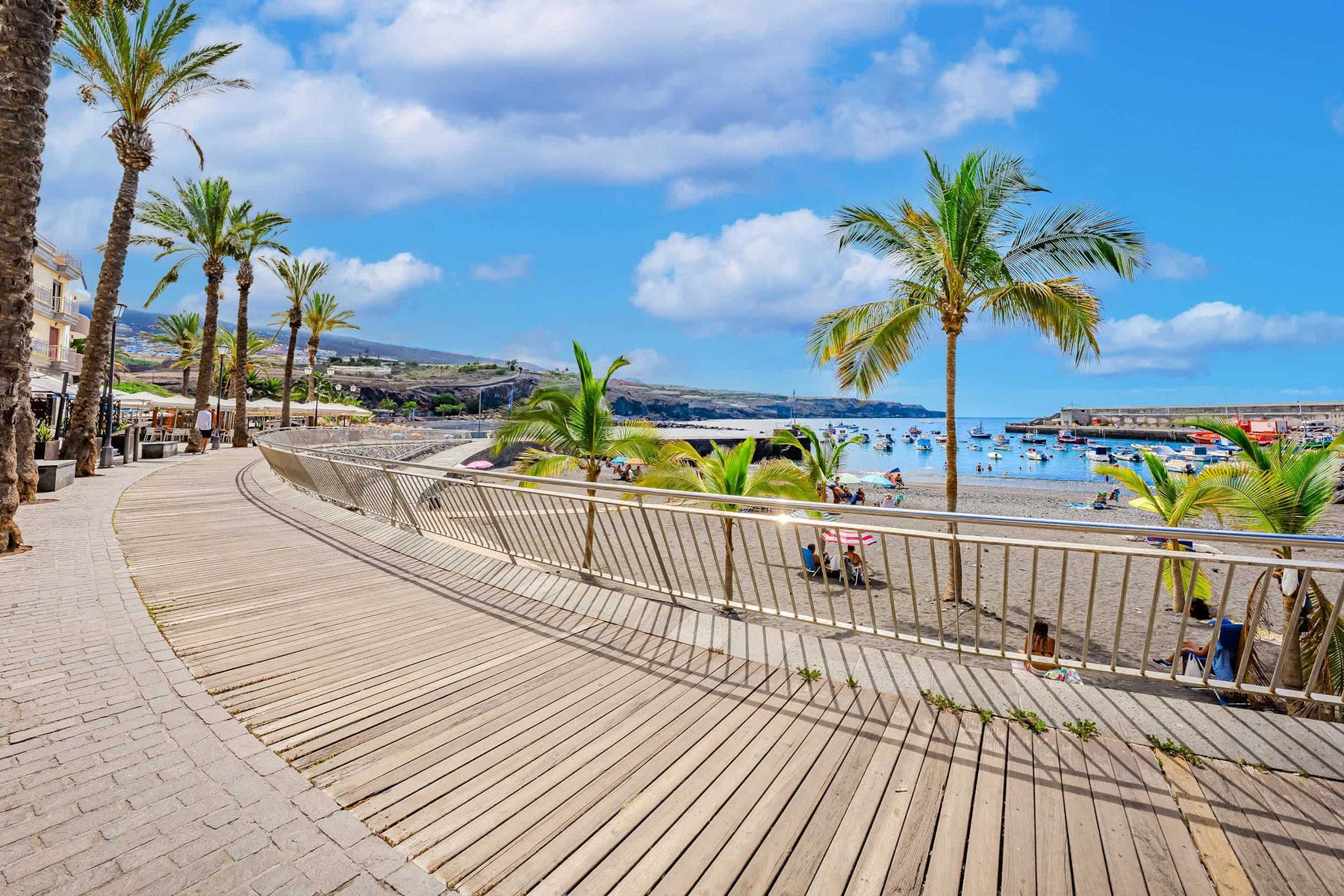 Seaside Promenade – Palm-Lined Boardwalk Along a Sparkling Black Sand Beach