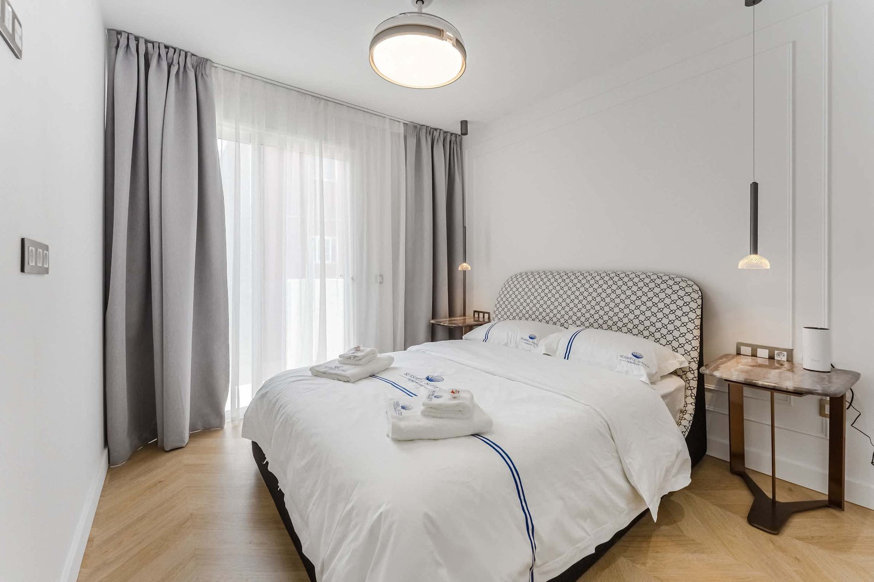 Serene Designer Bedroom – Drift into Deep Rest with Soft Linens, Velvet Drapes and a Peaceful Coastal Ambience