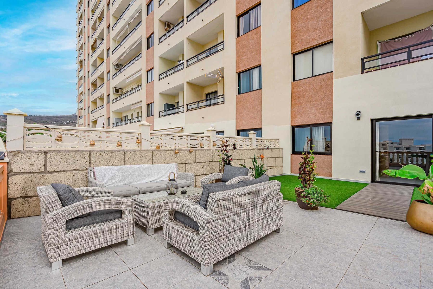 Terrace with Dining & Sitting Areas, Sunbeds, Ocean & Mountain Views