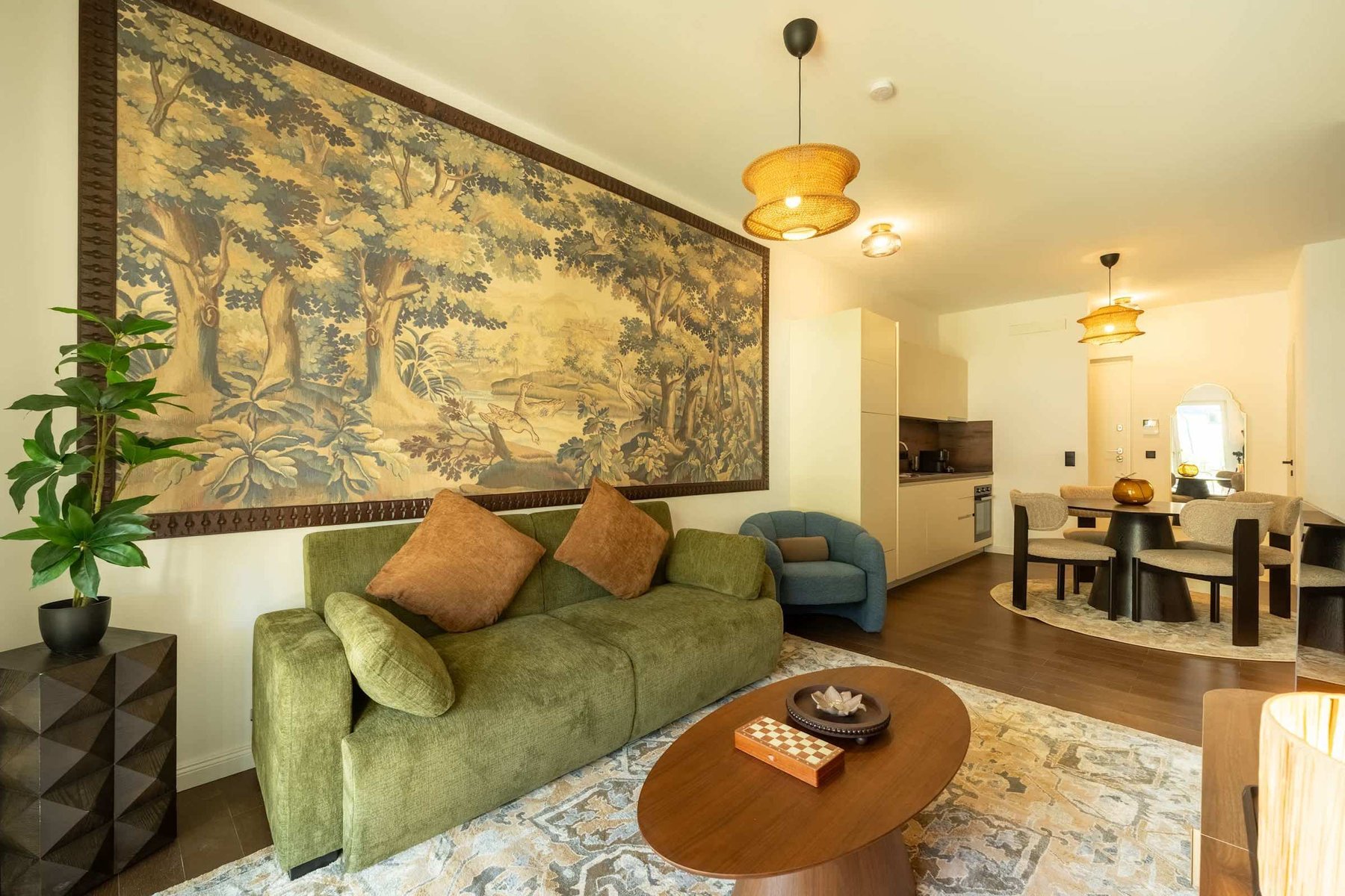 Living room with sofa bed and dining area
