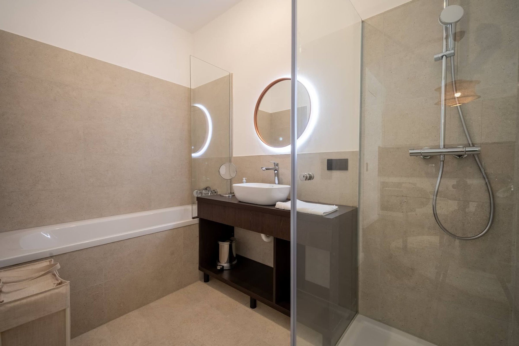 Bathroom with bathtub and walk-in shower